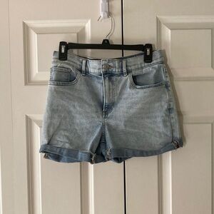 Express midi high rise women’s 6 Jean shorts faded blue cuffed